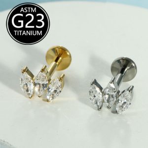 F136 Titanium Three Marquise Diamond Super Flash Zircon Earrings Lip Nails Cross Border G23 Titanium Body Piercing Jewelry