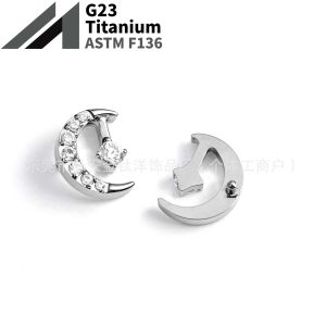 F136 Titanium Curved Moon Bezel Zircon Nose Stud Earrings Body Piercing Jewelry