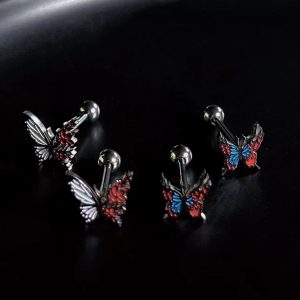 Flame Hot Girl Tongue Barbell 316L Surgical Steel Red Blue Butterfly Tongue Ring Piercing Jewelry