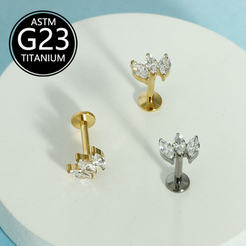 F136 Titanium Three Marquise Diamond Super Flash Zircon Earrings Lip Nails Cross Border G23 Titanium Body Piercing Jewelry - Image 4