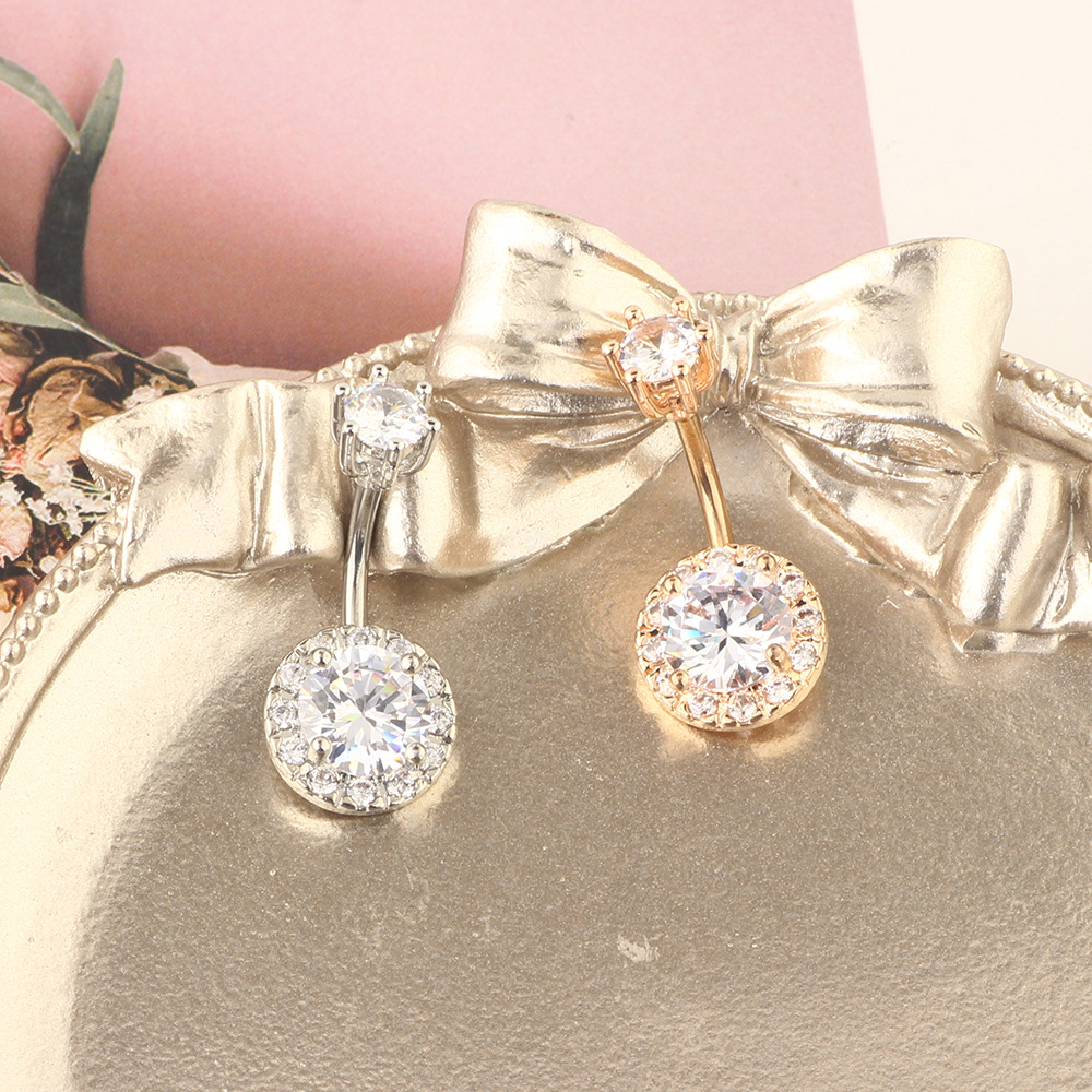 Korean Double-Headed Round Zircon Navel Ring Surgical Steel Gold Body Piercing - Image 2