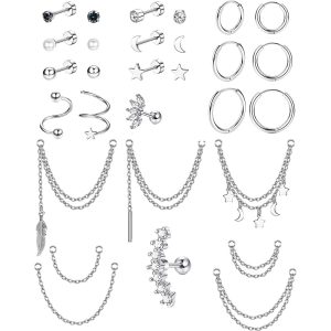 316L Surgical Steel Ear Chain Crown Ear Bone Nail Screw Twist Ball Fashion Earrings European American Piercing Jewelry Set