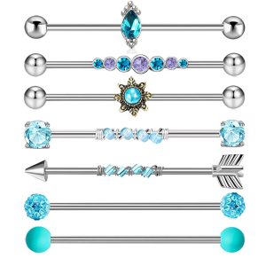 Industrial Ear Studs 7-Piece Set 14G Crown Full Diamond Round Piercing Jewelry Stainless Steel