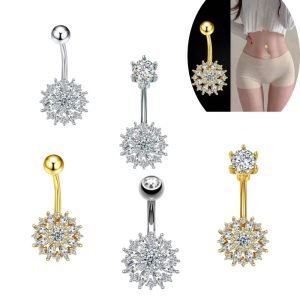 New Fashion Flower Belly Button Ring Inlaid Zircon Stainless Steel Belly Dance Piercing Jewelry for Women Wholesale
