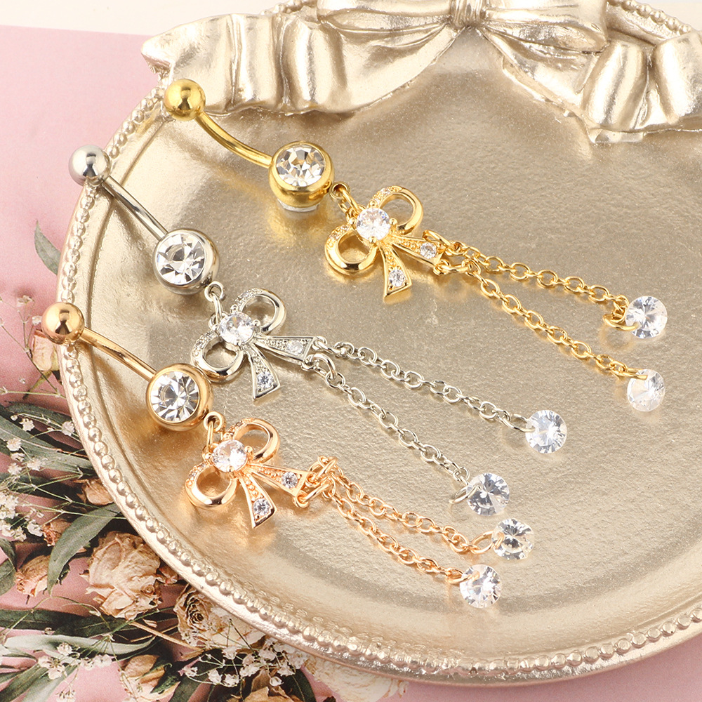 Long Pendant Bow Zircon Navel Ring Stainless Steel Rod Piercing Jewelry Belly Button Ring Rose Gold - Image 4