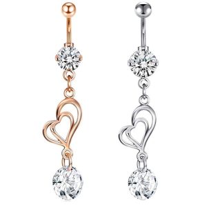 Long Double-Heart Stainless Steel Belly Button Ring with Heart-Shaped Zircon, European American Fashion Body Piercing