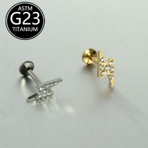 F136 Titanium Labret Stud with Lightning-Shaped CZ Inlay 6-10mm G23 Titanium Alloy Body Piercing Ear Cartilage Stud