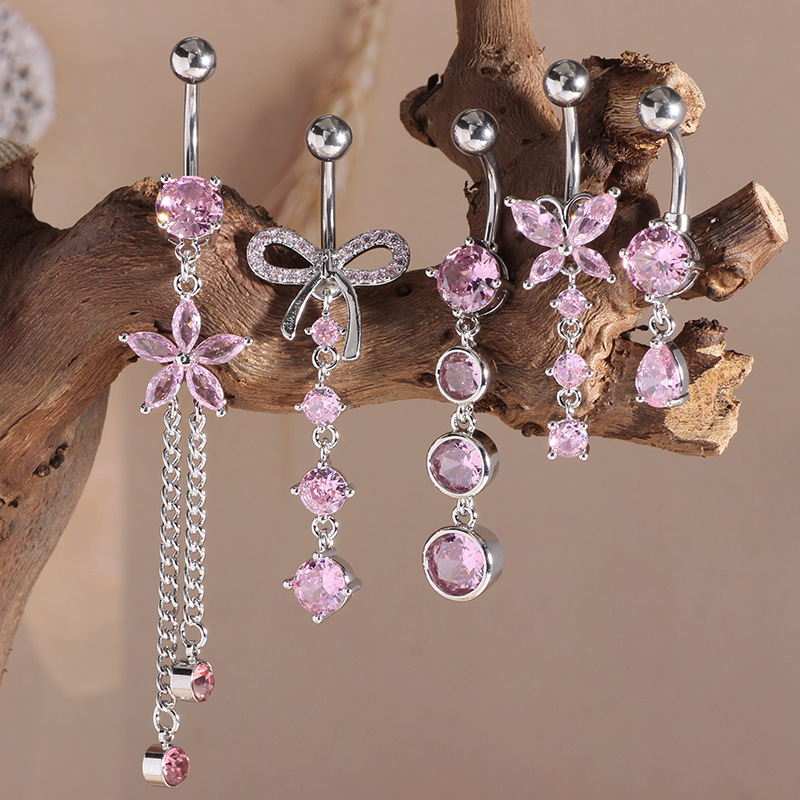 5-Piece Set Stainless Steel Belly Button Rings with Bowknot and Zircon Inlay Fashion Navel Jewelry - Image 3