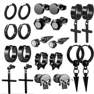 12 Pair Black Stainless Steel Cross Dumbbell Earrings Set - Cartilage Hoops for Men Women