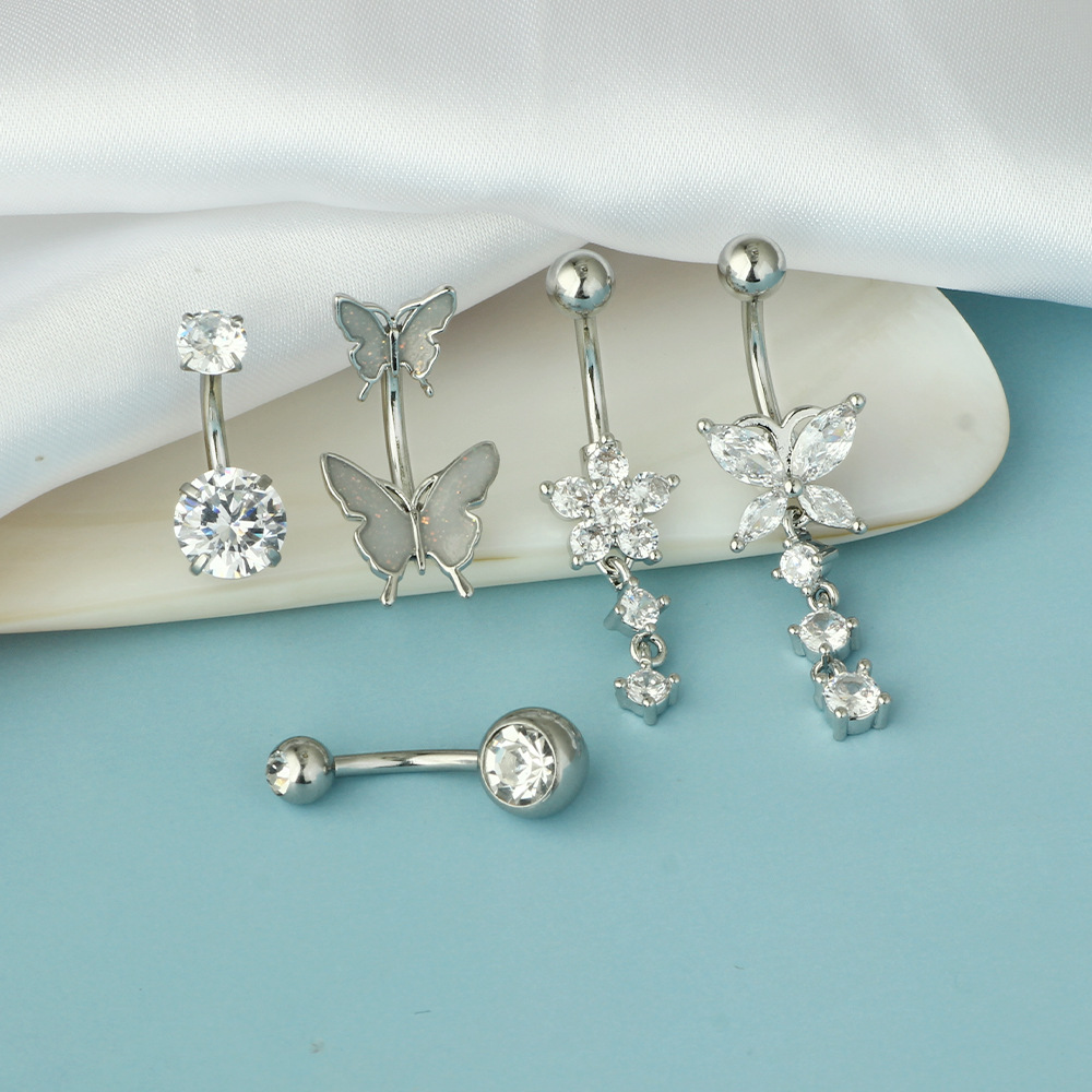 Cross-border Hot New Five-piece Butterfly Flower Zircon Navel Ring Piercing Jewelry Navel Nail Amazon in stock - Image 2