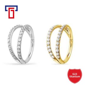 G23 Titanium Alloy CNC Micro Diamond Double Ring Nose Ring Earring Stud Inlay
