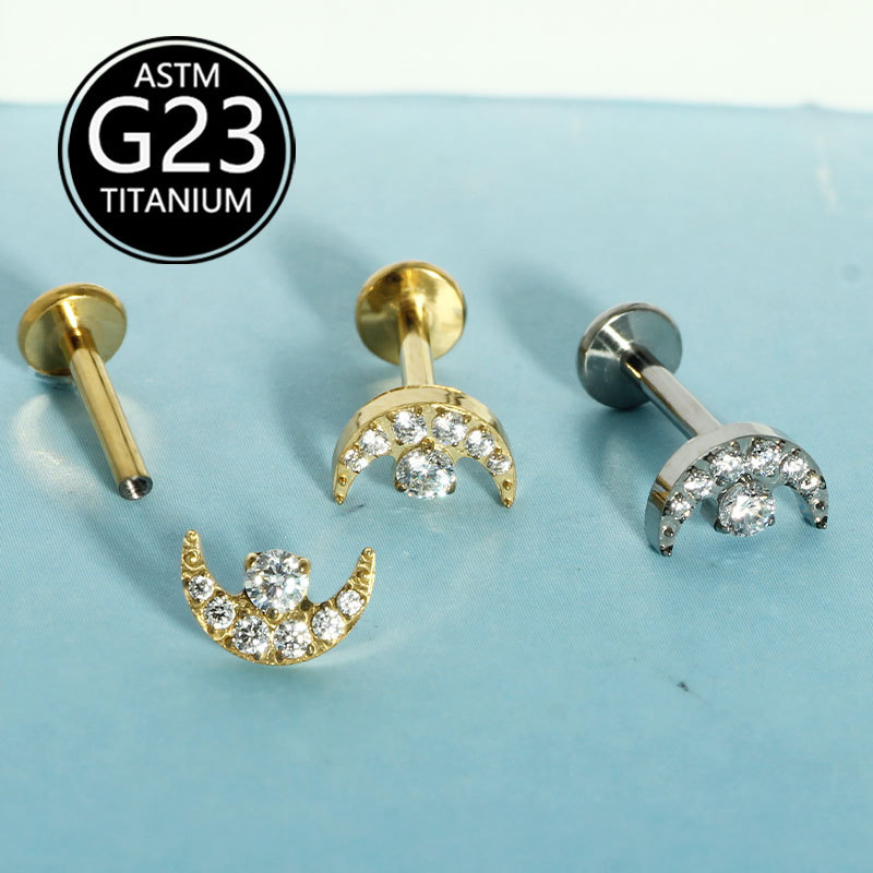 G23 Titanium Internally Threaded Flat Lip Stud Moon Zircon Piercing Jewelry - Image 3