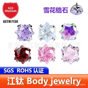G23 Titanium Snowflake Zircon Ear Bone Stud - Round Base Cartilage Earring for Helix Tragus Conch Rook Piercing