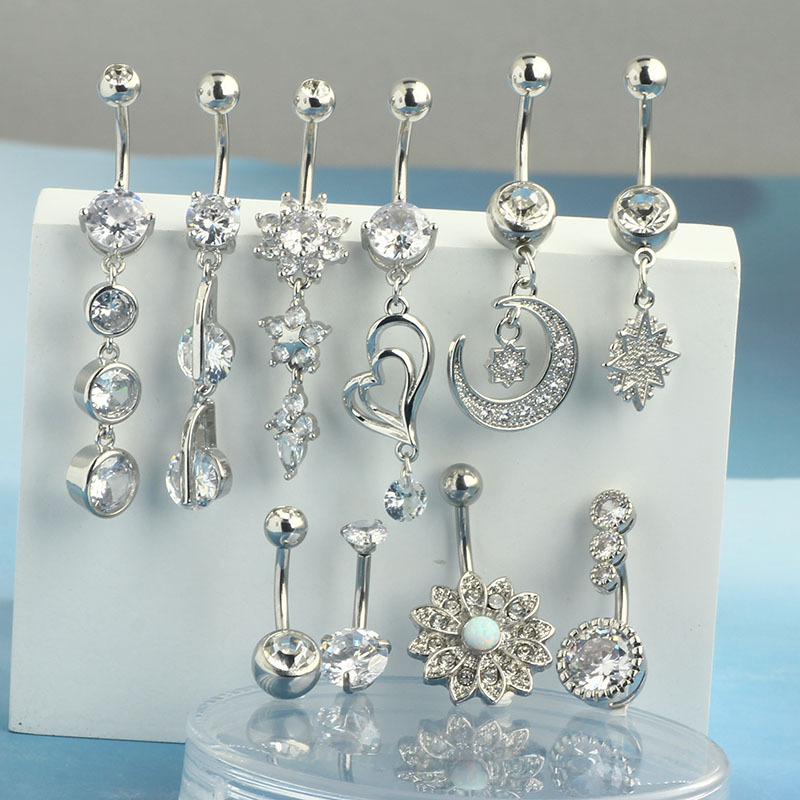 Amazon Hot Sale Love Moon Cubic Zirconia Navel Ring Stainless Steel Belly Button Jewelry 10-Piece Set - Image 2