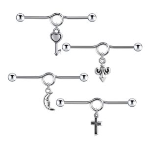 Cross Stainless Steel Industrial Barbell Earring Double Ear Hole Moon Bridge Ear Stud