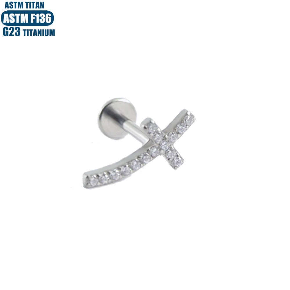 F136 Titanium Alloy Cross Zircon Lip Ring Inner Tooth Thread Lip Stud Piercing Jewelry - Image 2
