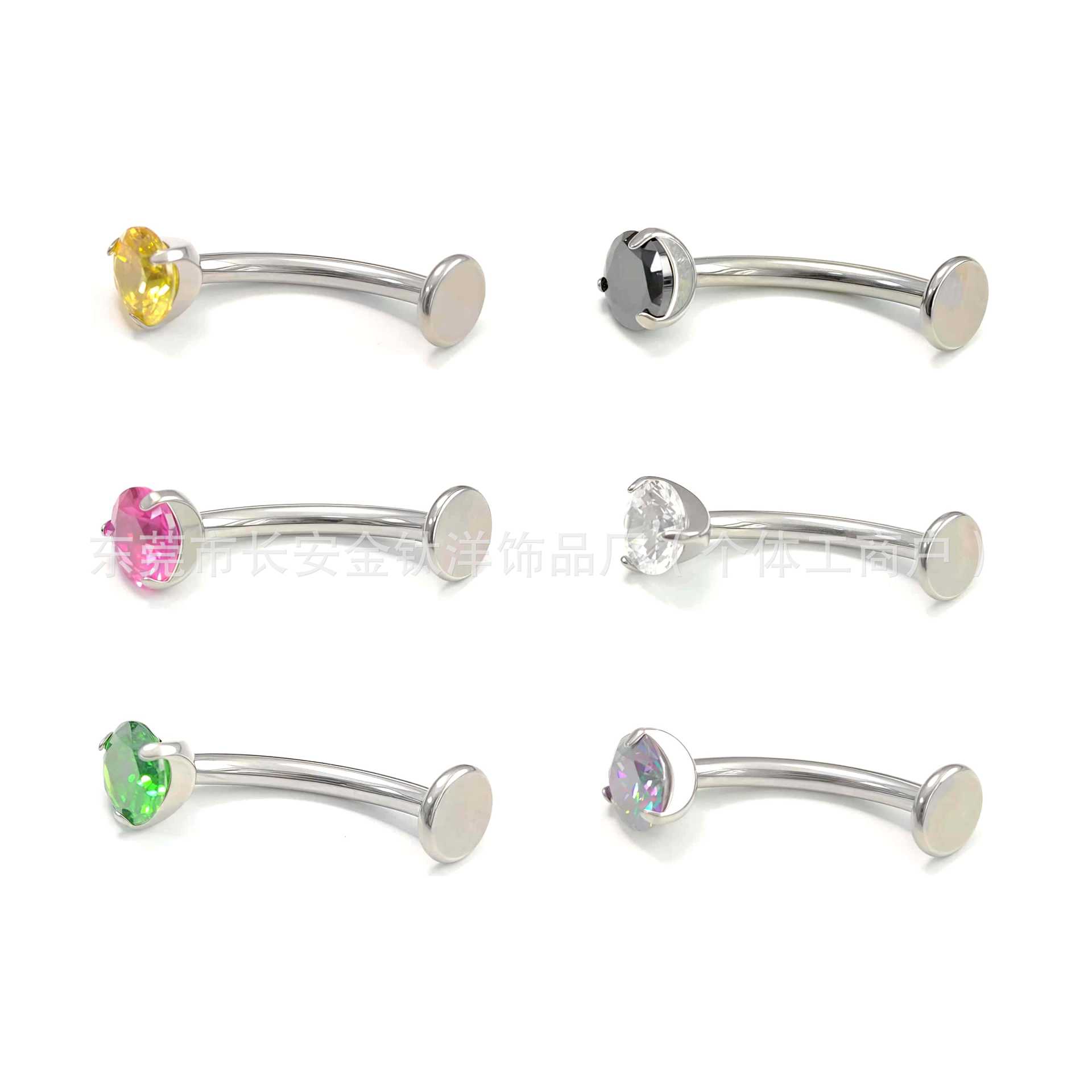 F136 Titanium Internal Thread Three-Claw Zircon Basic Curved Rod Suspended Navel Nail - Image 2