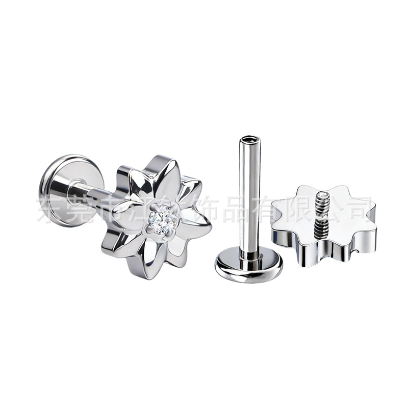 Titanium Flower Ear Stud with Zircon External Thread G23 Titanium Alloy Body Piercing Jewelry Ear Cartilage Stud - Image 5