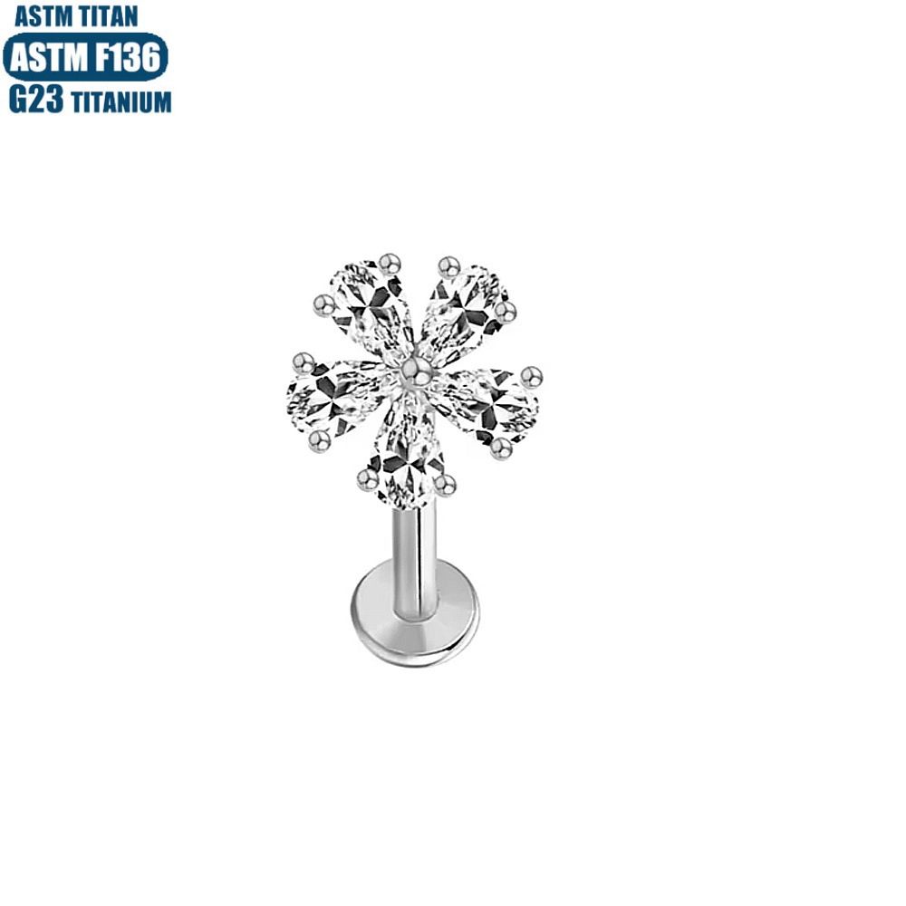 F136 Titanium Alloy Five-Leaf Clover Zircon Lip Ring Internally Threaded Tragus Earring Lip Stud - Image 2