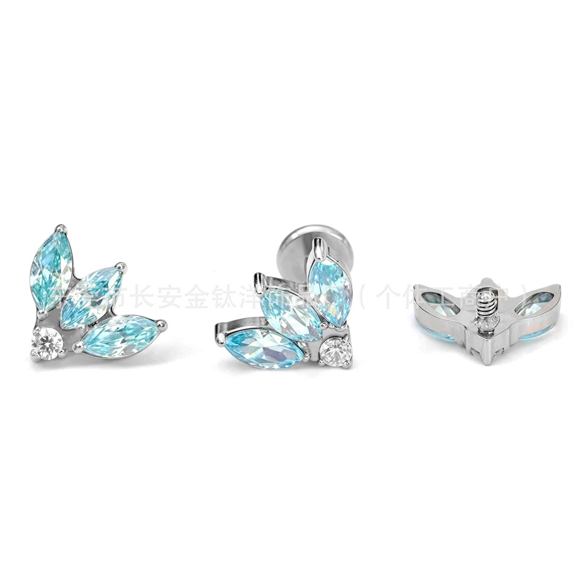 F136 Titanium Three-Leaf Full Diamond Marquise Earrings Zircon Earrings Cochlear Nails Ear Bone Nails G23 Titanium Alloy Piercing Jewelry - Image 3