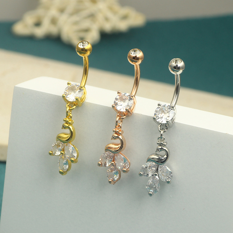 Stainless Steel Swan Feather Zircon Navel Ring - Rose Gold Heart Belly Button Piercing Jewelry for Women - Image 3