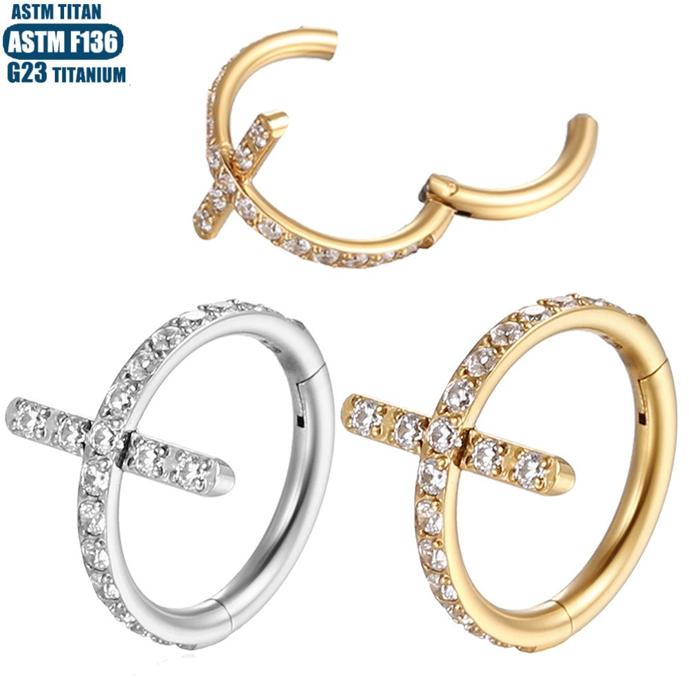 G23 Titanium Seamless Nose Ring with Cross Zircon - Tragus Earring Nasal Septum Ring Rose Gold - Image 5