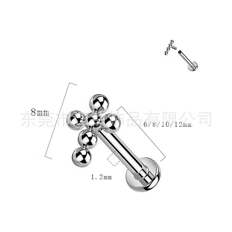 F136 Titanium Threaded Cross Ear Bone Stud Ball Earring for Cartilage Piercing - Image 2