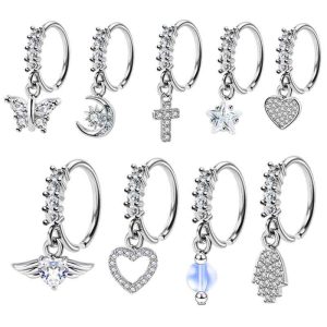 20G Water Drop Zircon Pendant Nose Ring for Men and Women - Copper Plated Geometric Flower Nose Stud