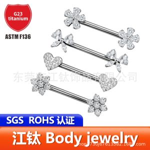 Jiangtai F136 Titanium Nipple Ring with Heart Bow Flower and Stone Inlay G23 Titanium Alloy Body Piercing Jewelry Nipple Ring
