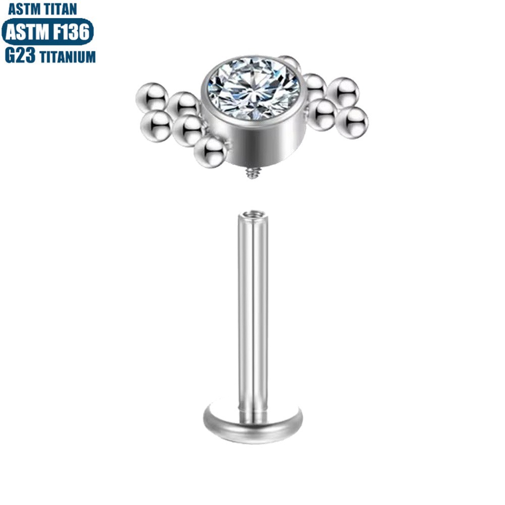 Silver Zircon Bead Cluster Thread Inner Teeth Lip Stud - F136 Titanium Small Earrings Body Piercing Jewelry - Image 3