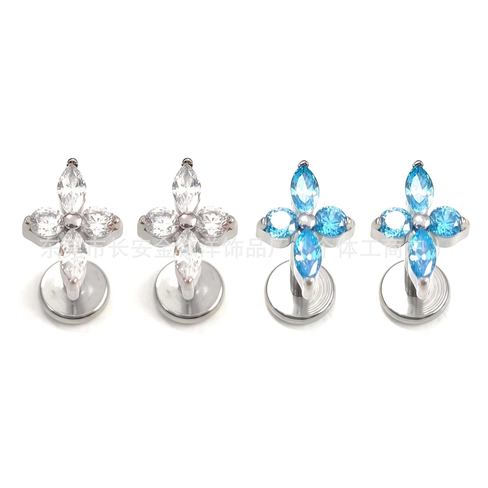 F136 Titanium Cross Four-Leaf Clover 5A Zircon Earrings Labret Studs G23 Titanium Piercing Jewelry - Image 2