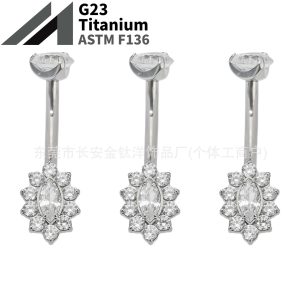 F136 Titanium Internal Thread Oval Full Diamond Zircon Belly Button Ring G23 Titanium Alloy Body Piercing Jewelry