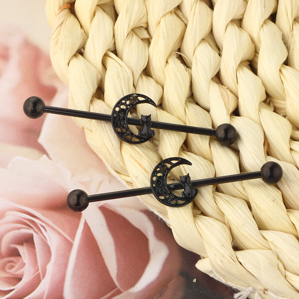 Black Cat Industrial Barbell Cross Bar Piercing Ear Jewelry - Cartilage Stud Earrings - Image 3