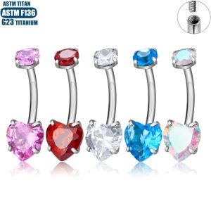 F136 Titanium Alloy Heart Zircon Claw Set Belly Button Ring Internally Threaded Spiral Piercing Jewelry
