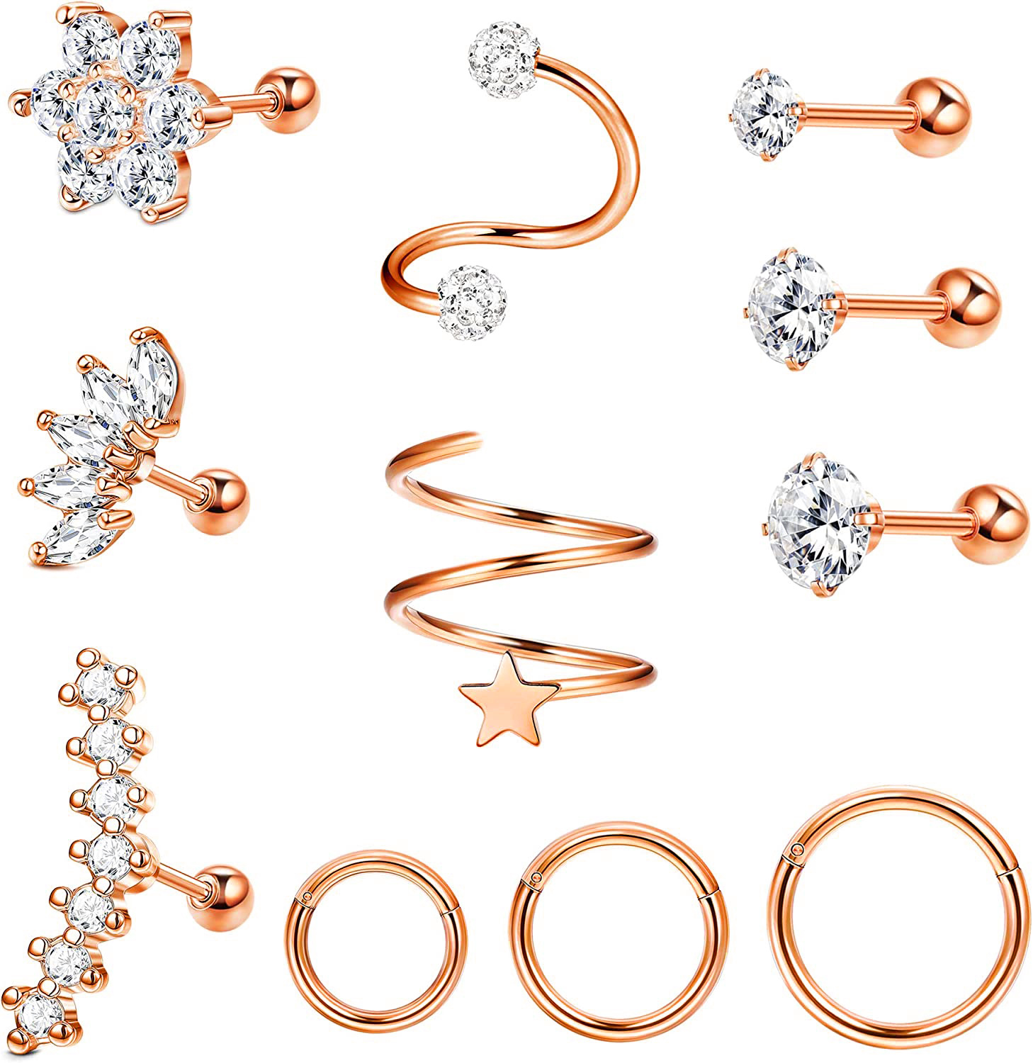 Rose Gold Ear Earring Helix Star CZ Stud Ear Piercing Jewelry 11 Piece Set - Image 5