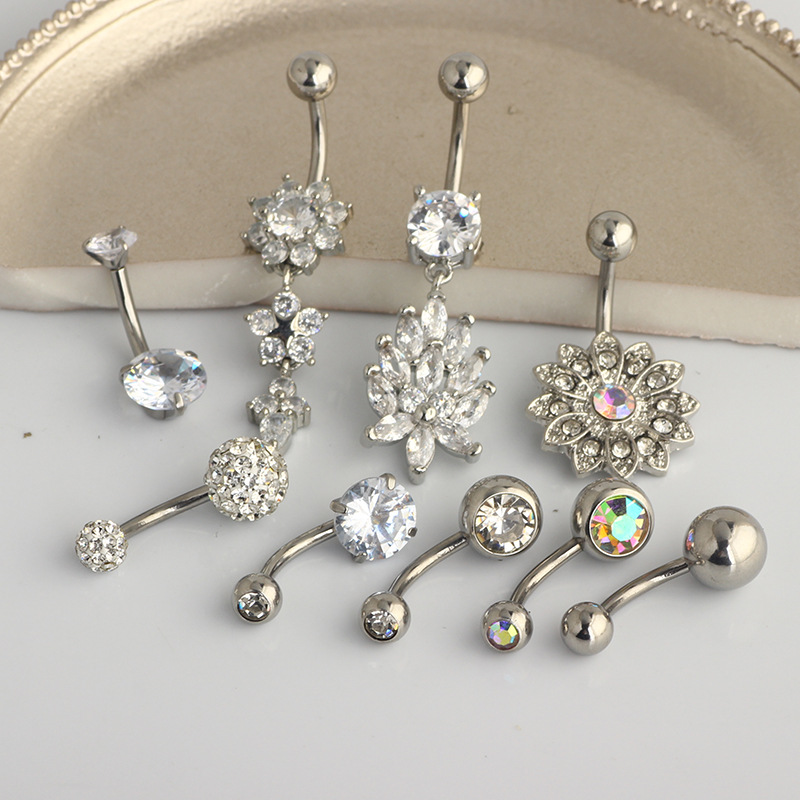Rose Gold Flower Diamond Navel Ring Stainless Steel Dangle Belly Button Piercing 9-Piece Set - Image 2