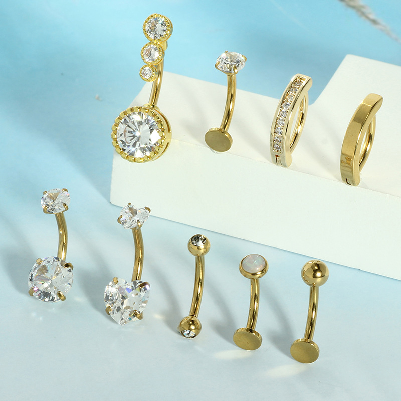 Spot New 9 Piece Set of Navel Rings Fashionable Zircon Encrusted Stainless Steel Belly Button Jewelry - Image 4