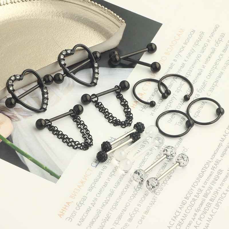 Stainless Steel Black 8-Pair Breast Ring Set with Diamond-Embedded Nail for Body Piercing Jewelry Wholesale - Image 3