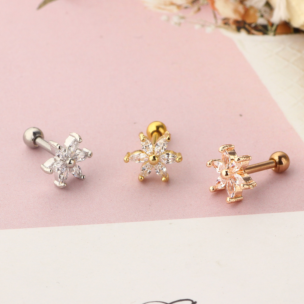 Stainless Steel Threaded Earring Stud with Flower Cartilage Tragus Piercing Jewelry - Image 4