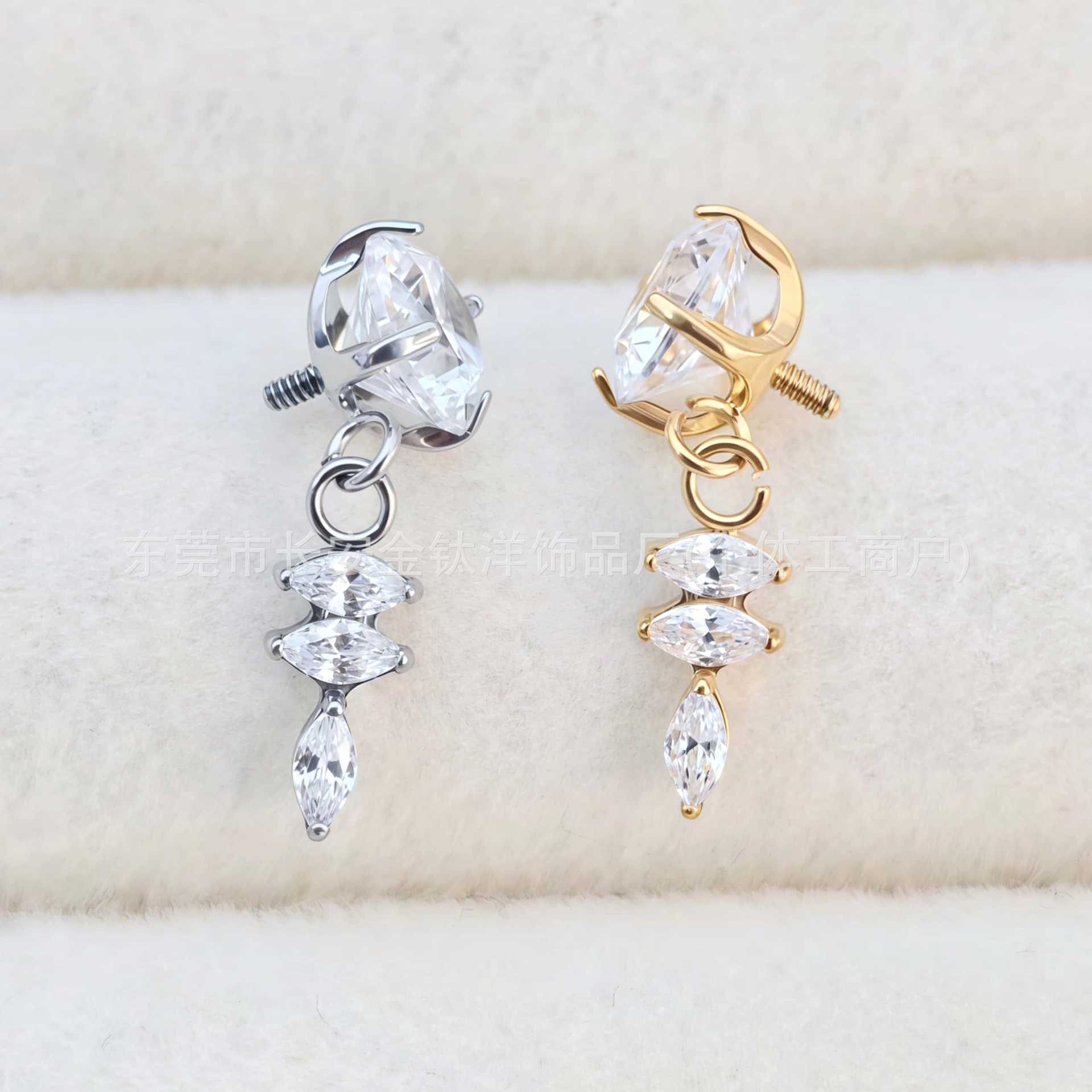 F136 Titanium Gold-Plated Round Zircon Triple Marquise Pendant Lip Stud Ear Stud Ear Bone Stud G23 Titanium Alloy Piercing Jewelry - Image 4