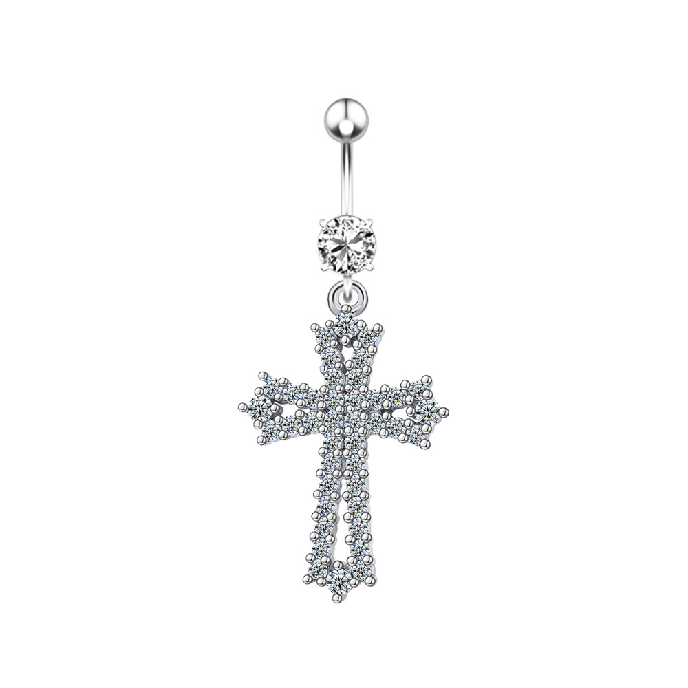 Cross Copper Inlaid Zircon Belly Button Ring - 4 Gold Tone 2024 Summer Collection - Image 2
