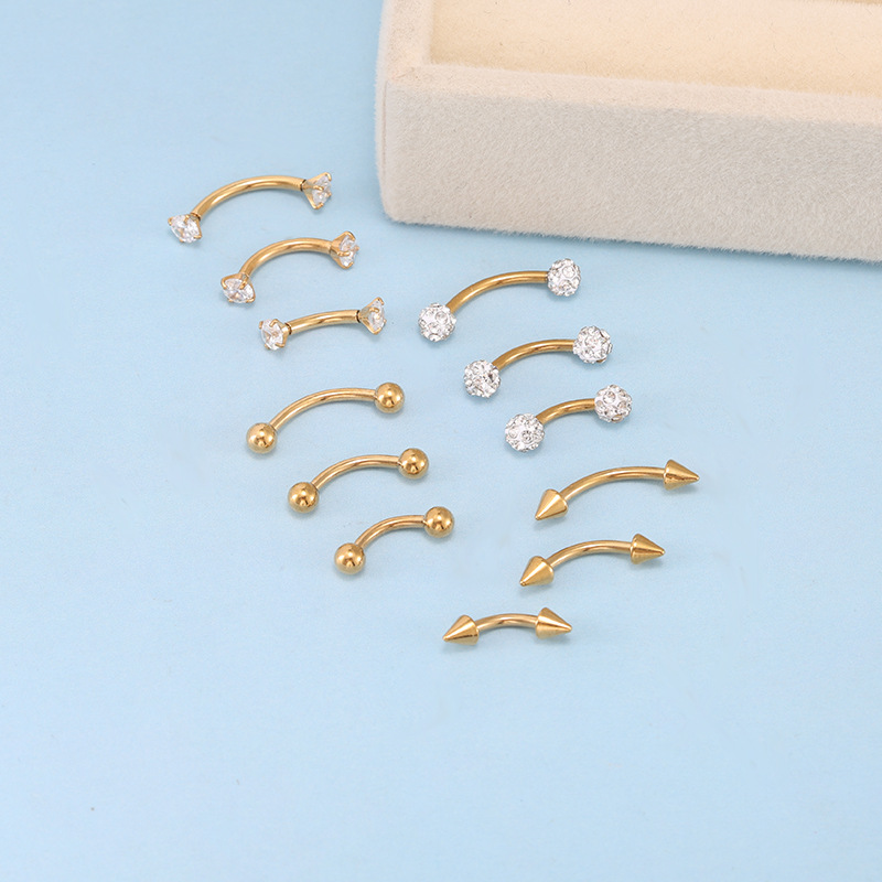 12pc Best-Selling Stainless Steel Eyebrow Studs Set with Pointed Cones, Round Balls & Zircon Inlays - Image 2