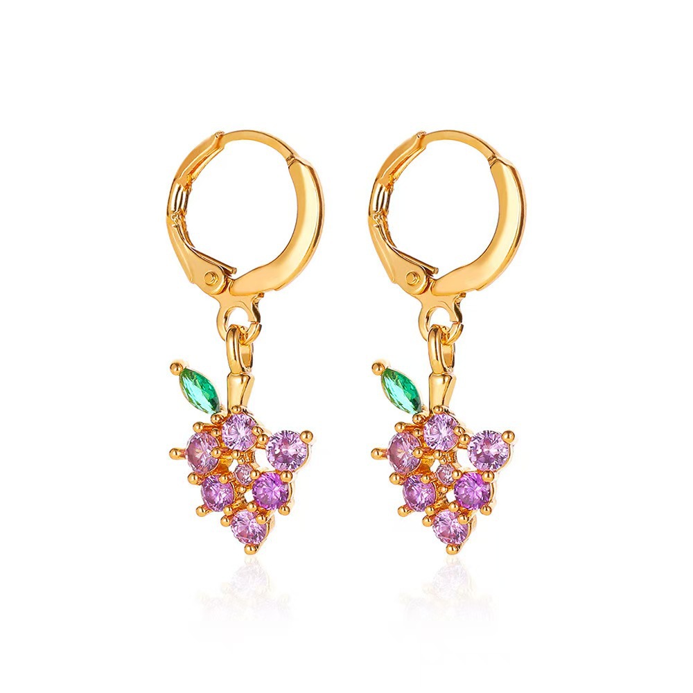 Fruit Earring Necklace Set Colorful CZ Zircon Earrings Grape Cherry Piercing Jewelry Gold - Image 4
