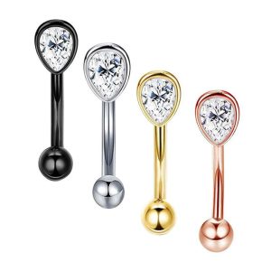 Rose Gold Stainless Steel Micro-Inlaid Zircon Water Drop Ear Nail Screw Curved Barbell Eyebrow Ring Piercing Jewelry
