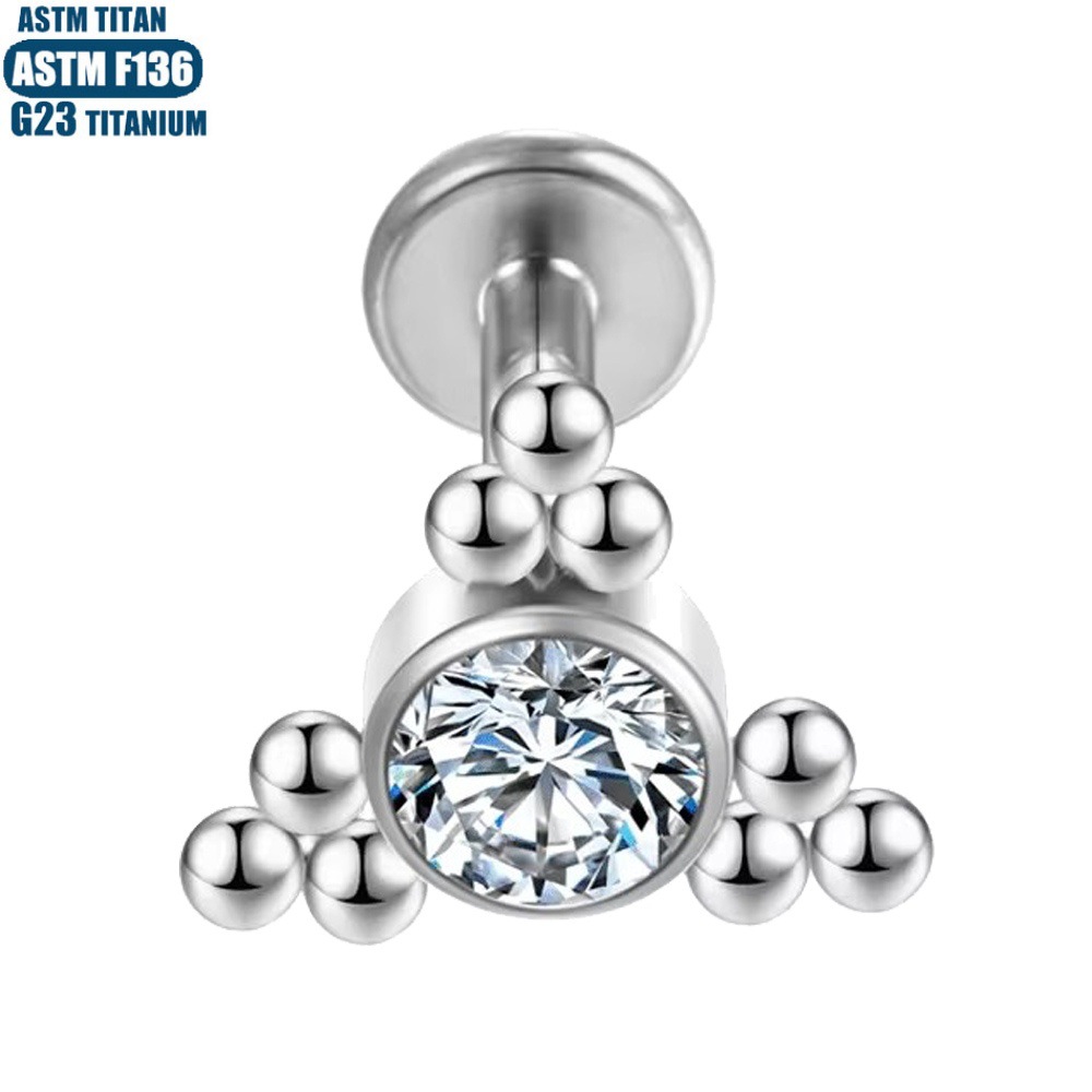 Silver Zircon Bead Cluster Thread Inner Teeth Lip Ring Earring - G23 Titanium Lip Piercing Jewelry - Image 5