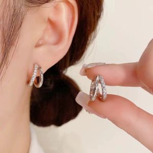 Copper Inlaid Zircon Geometric Double Hoop Earrings - Women's Fashion Hollow Retro Ear Cuffs