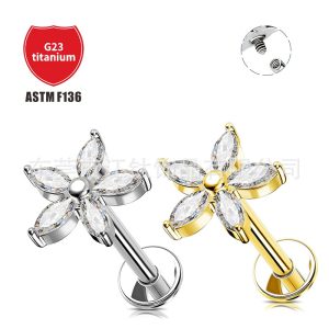 F136 Titanium Ear Stud Five-Petal Flower Inlaid Zircon G23 Titanium Alloy Piercing Jewelry Earrings