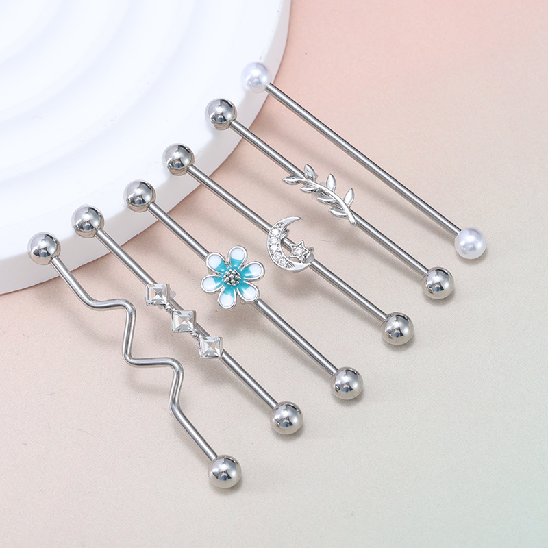 6-Piece Stainless Steel Industrial Ear Stud Set with Moon and Floral Designs, Fashionable Cartilage Piercing Jewelry - Image 4