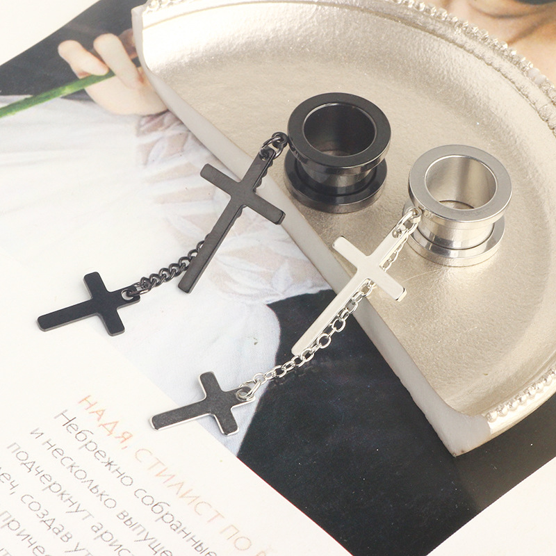 Cross Pendant Ear Auger 316L Surgical Steel Black Ear Piercing Jewelry - Image 2