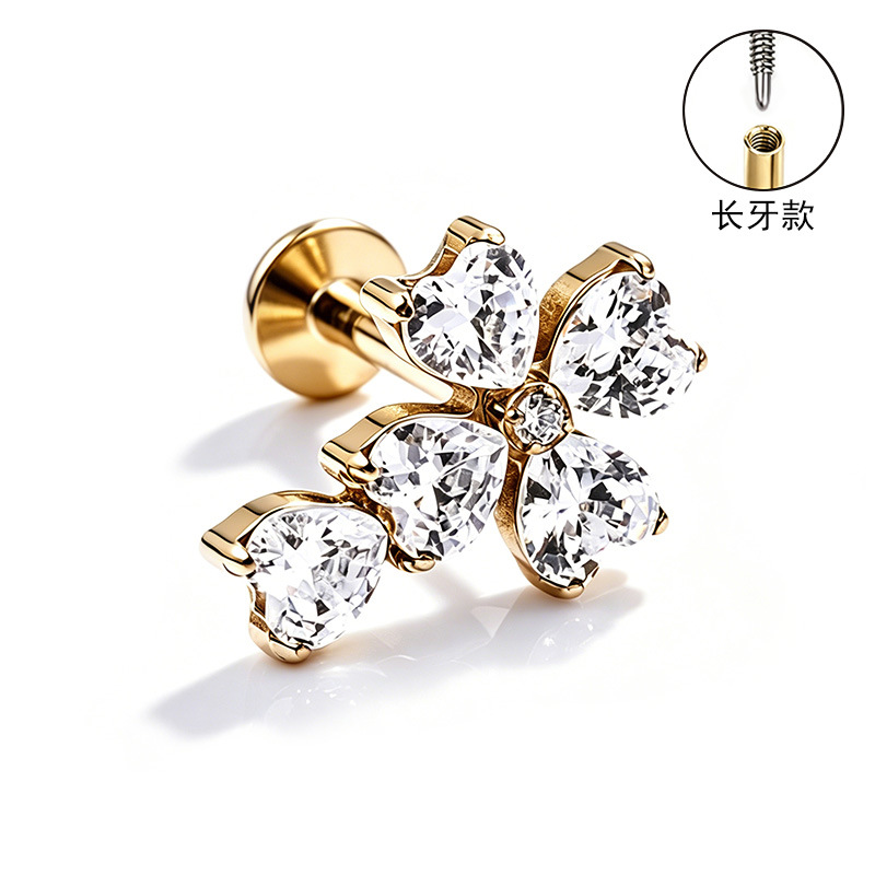 F136 Titanium Alloy Ear Studs, Carved Bone Studs, Long Tooth Style with Zirconia, Lip Studs, G23 Titanium Body Piercing Jewelry - Image 2